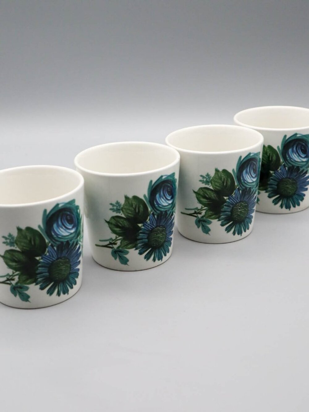 Set of 4 Vtg Blue Floral Ceramic Coffee Tea Cups Mugs Made in England Cottage